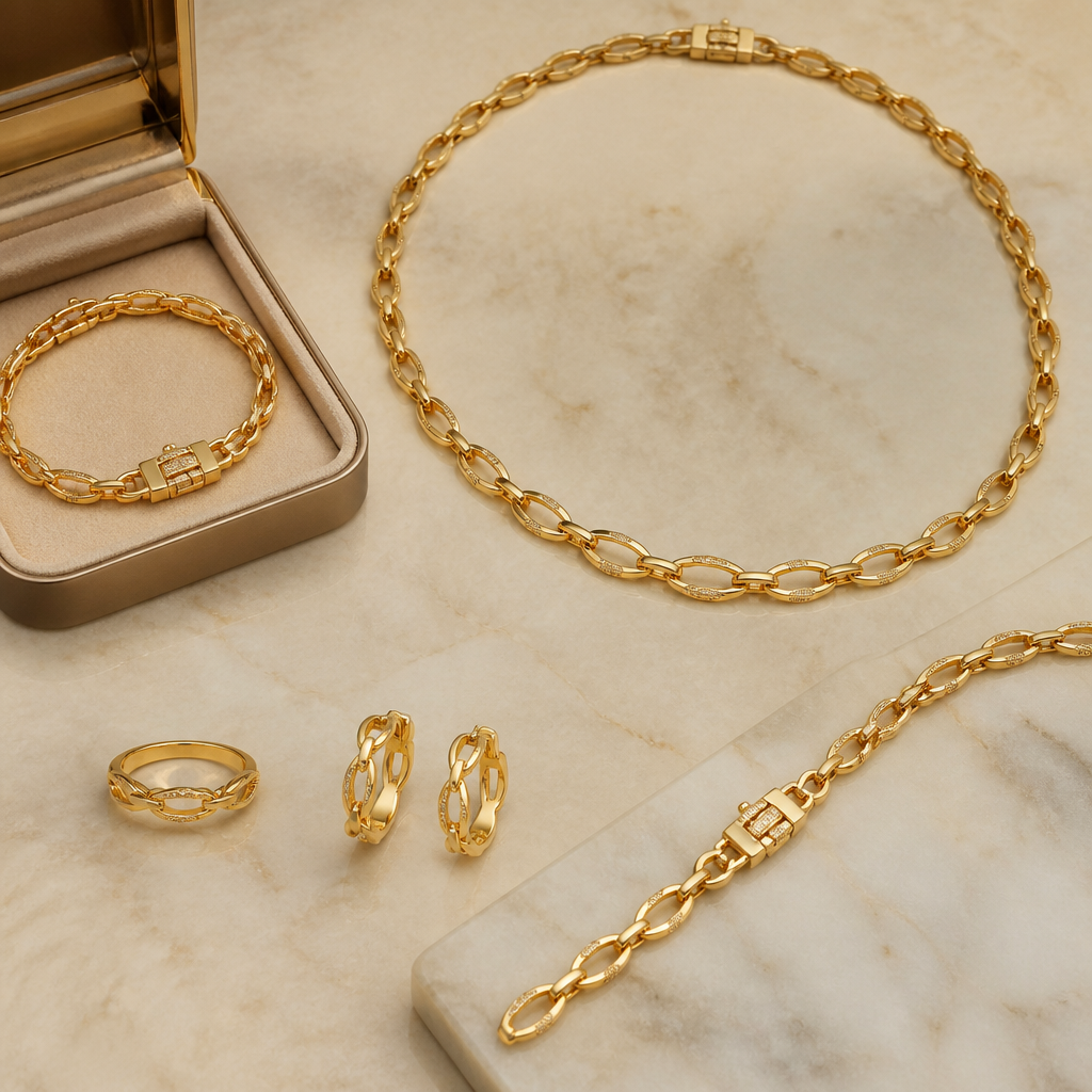 A gold women's necklace made of gold. make ring and bracelet and earrings with it in the same design and make necklace and bracelet with box clasp and do it inspired of mix cartier and van cleef brands
photorealistic jewelry design, A gold women's necklace made of gold. make ring and bracelet and earrings with it in the same design and make necklace and bracelet with box clasp and do it inspired of mix cartier and van cleef brands, gold style, just the design no text