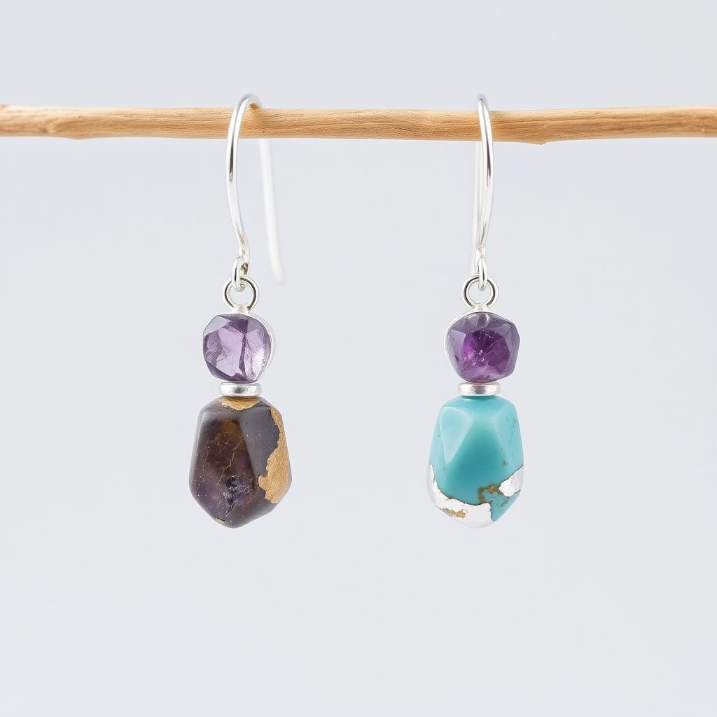 Earring, silver mininul, raw natural gemstone, elegant