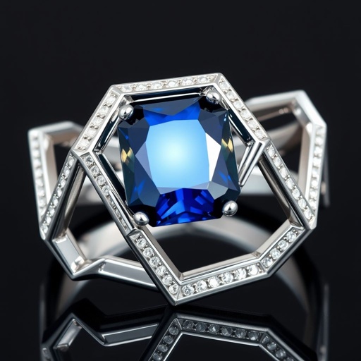Geomatric architecture ring white gold of white diamonds and blue sapphire of edgey style and vibe
