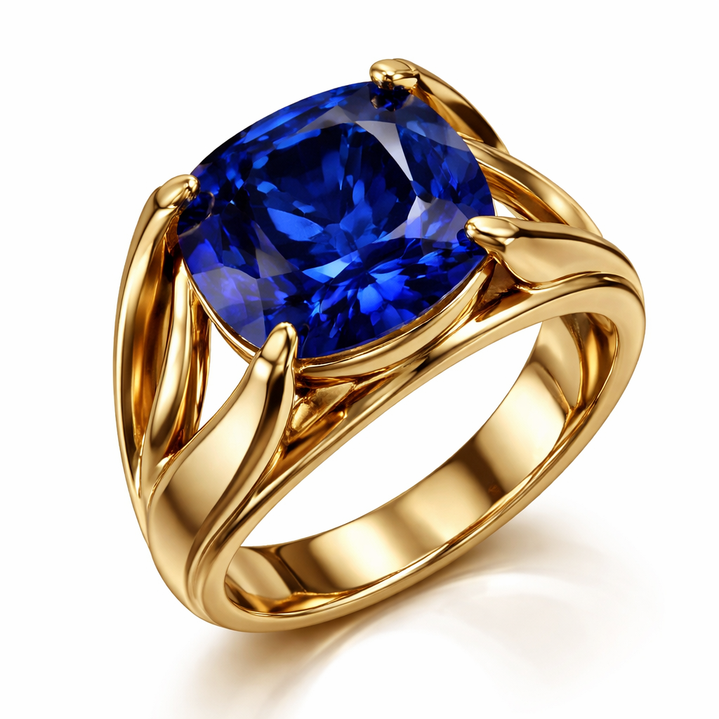 4 carat cushion royal blue sapphire something like very sexy fashionable contemporary art ring in yellow gold only and with no additional stones