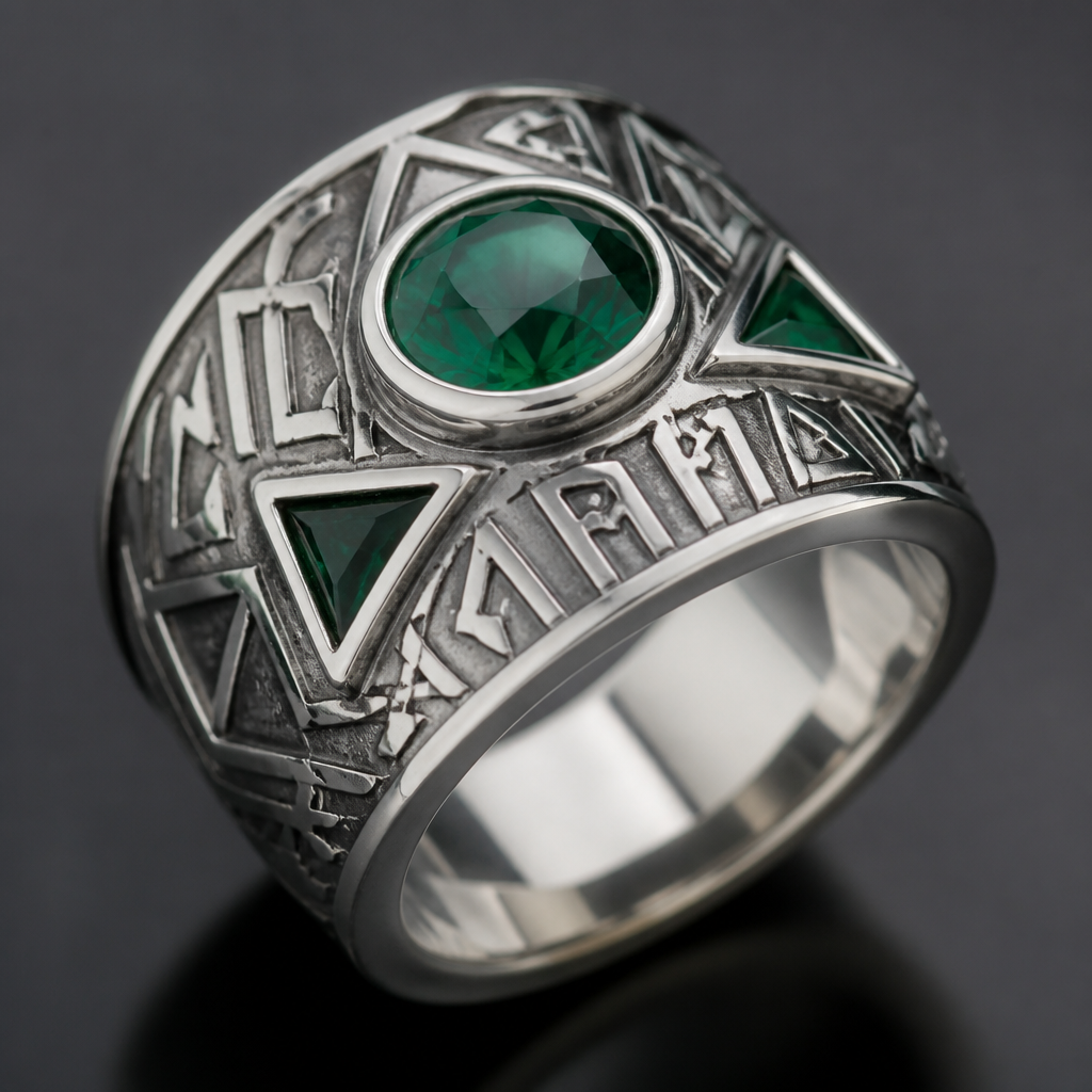 A modern women's ring made of silver with emerald stones. перстень на широкой шинке с рунами
photorealistic jewelry design, A modern women's ring made of silver with emerald stones. перстень на широкой шинке с рунами, modern style, just the design no text