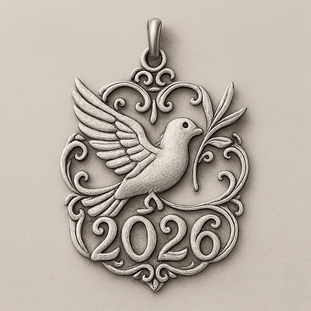Silver cut-out charm blending together the pigeon of peace hold an olive branch along the year 2026
