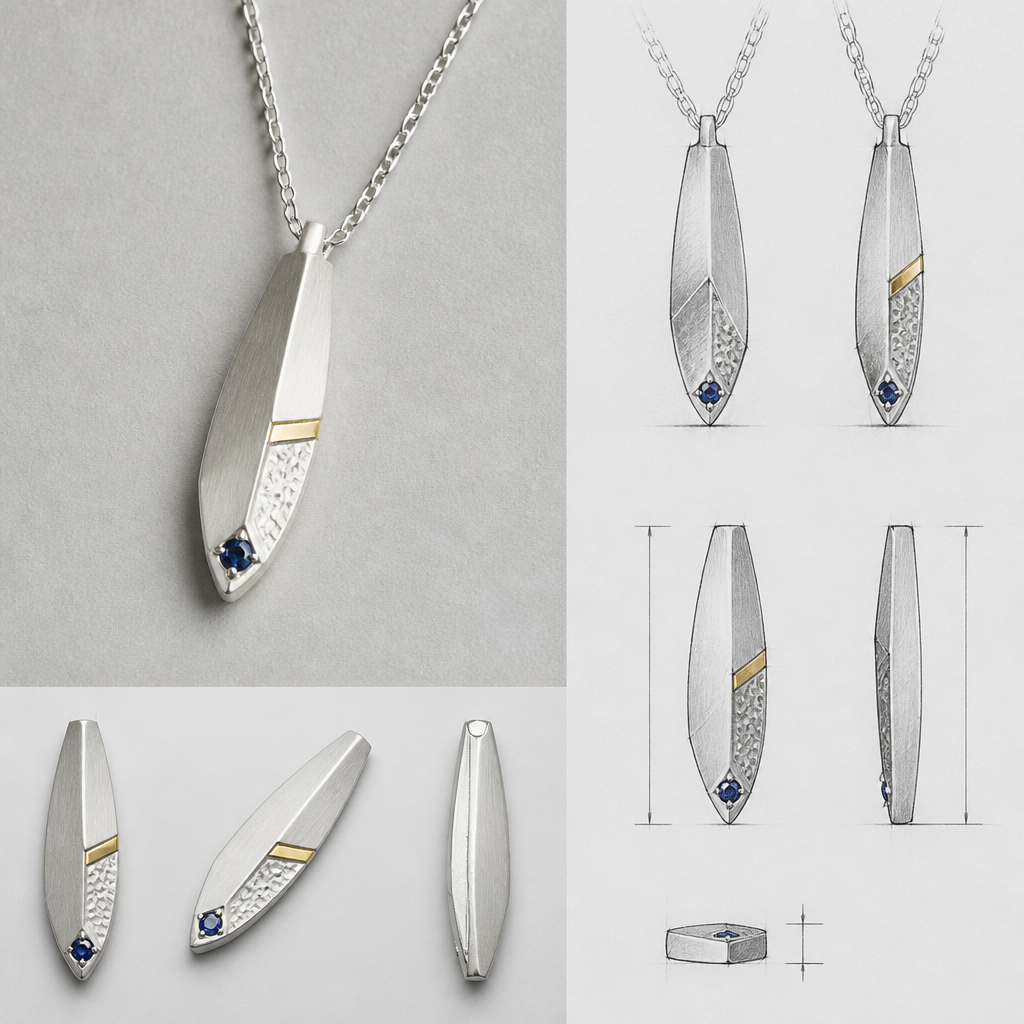 A nordic women's pendant made of silver with sapphire stones, ultra-minimalist, very simple and clean, understated, no embellishments. "photorealistic jewelry design, A scandinavian women's pendant made of silver suitable for daily wear, minimalist. simple and delicate, clean lines. simplistic form minimalist brushed silver finish with an accent of gold and a very small section of hammered surface, scandinavian style, with design scketchs and mesurments
photorealistic jewelry design, A nordic women's pendant made of silver with sapphire stones, ultra-minimalist, very simple and clean, understated, no embellishments. "photorealistic jewelry design, A scandinavian women's pendant made of silver suitable for daily wear, minimalist. simple and delicate, clean lines. simplistic form minimalist brushed silver finish with an accent of gold and a very small section of hammered surface, scandinavian style, with design scketchs and mesurments, nordic style, just the design no text
