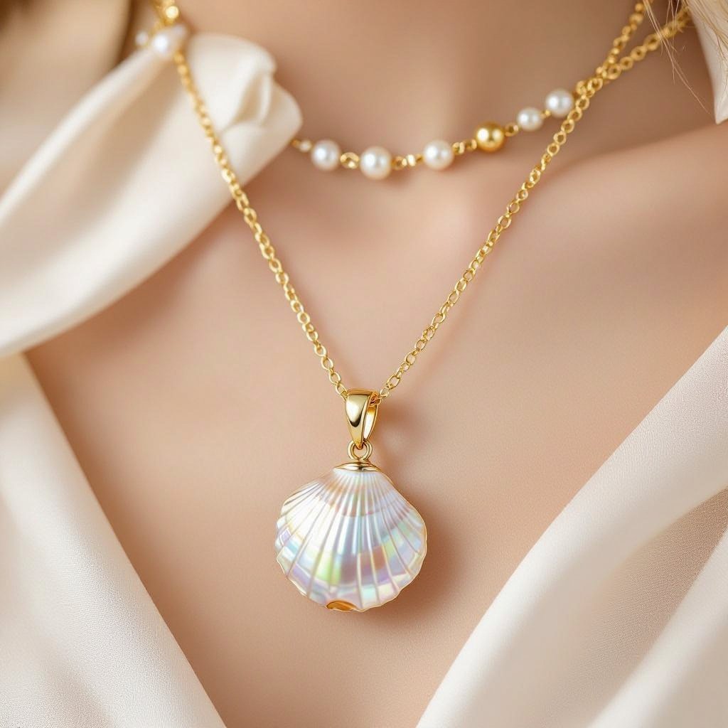 Украшение на шею золотая цепочка с подвеской в виде ракушки с жемчугом внутри