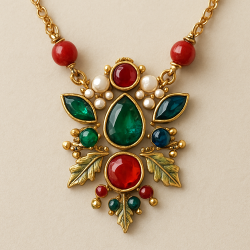 noel concept, hand made, adorned with precious stones and beads, neckless
