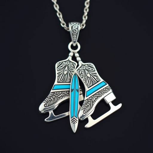 Silver pendant in the shape of ice skating blades with a turquoise stripe within the blade