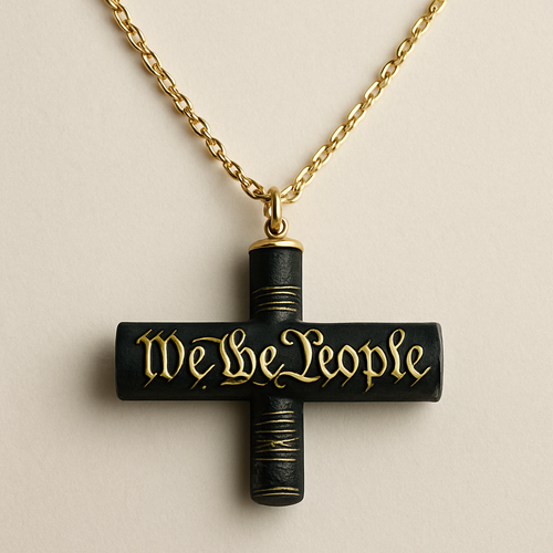 A necklace on a 24” staggered chain with a pendant straw (cylinder) 4 inches long that looks like a rolled up version of the United States constitution “We The People” can be read and is indented as well as the rolled up paper lines. It is black with gold writing. 