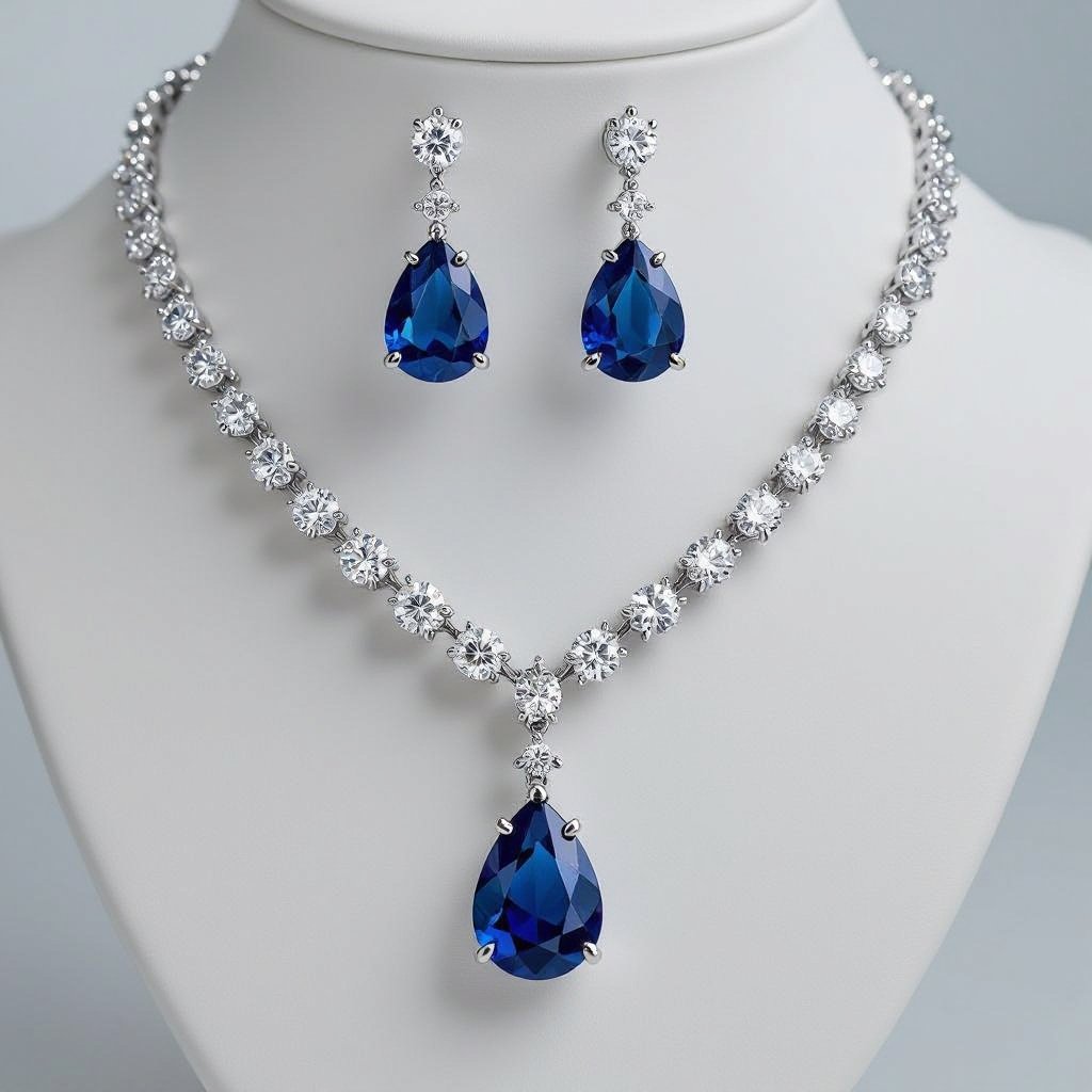 luxury necklace style and luxury earring set Platinum necks lace, sapphire , diamond accents, prong setting. Matching platinum earrings, sapphire pear drops, diamond accents, prong setting.