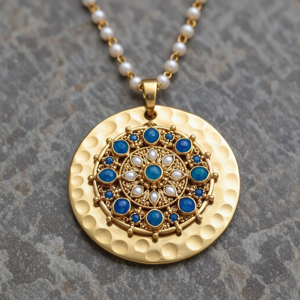 Кулон на длинной цепочке. Матовое светлое золото. В цепочке небольшие золотые шарики и синие камушки и жемчуга. Кулон в форме неровного мятого круга. На круге изображена мандала украшена узорами и мелкими камушками 