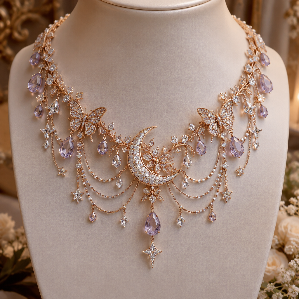 This isn’t your typical necklace—it’s a unique bridal jewellery concept called “Celestial Moonlight.” 🌙💎 Design concept: Rose gold + Lavender stones + Crystal stars + Crescent moon Key features: 🌙 A crescent moon at the center, studded with diamond-like stones. 🦋 Delicate butterfly designs on either side. 💜 Teardrop-shaped lavender stones. ✨ Cascading chains arranged in multiple layers. 👑 A regal finish that perfectly complements your wedding look.
photorealistic jewelry design, This isn’t your typical necklace—it’s a unique bridal jewellery concept called “Celestial Moonlight.” 🌙💎 Design concept: Rose gold + Lavender stones + Crystal stars + Crescent moon Key features: 🌙 A crescent moon at the center, studded with diamond-like stones. 🦋 Delicate butterfly designs on either side. 💜 Teardrop-shaped lavender stones. ✨ Cascading chains arranged in multiple layers. 👑 A regal finish that perfectly complements your wedding look., romantic style, just the design no text