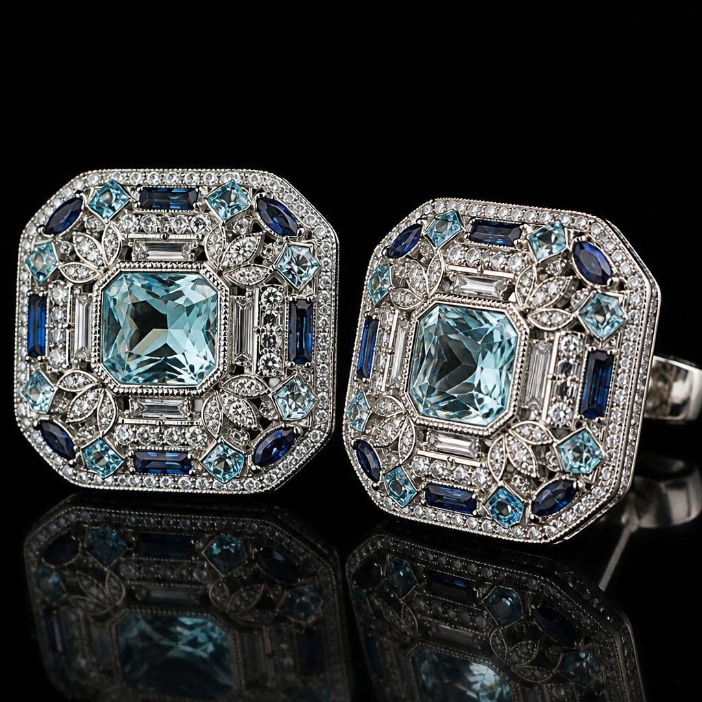 A diamond women's cufflinks with topaz and aquamarine and diamond and sapphire stones, highly ornate, intricate and elaborate, richly detailed
photorealistic jewelry design, A diamond women's cufflinks with topaz and aquamarine and diamond and sapphire stones, highly ornate, intricate and elaborate, richly detailed, diamond style, just the design no text