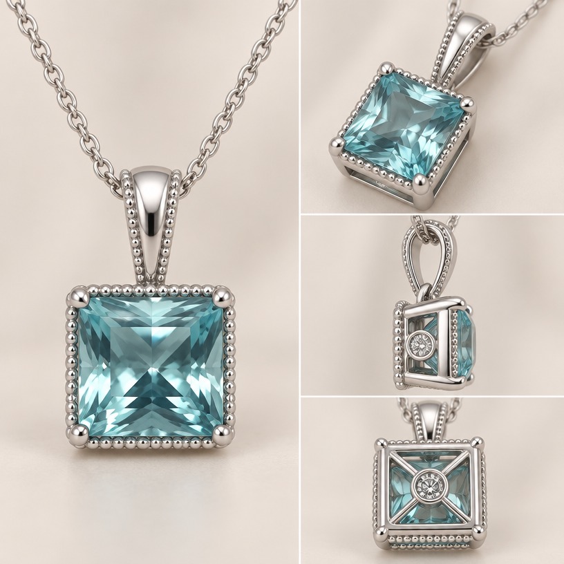 A women's pendant suitable for daily wear. 2.8 ct basket with hidden diamond accent with beading around stone
using the attached image as a visual reference, create A women's pendant suitable for daily wear. 2.8 ct basket with hidden diamond accent with beading around stone. photorealistic, just the design no text