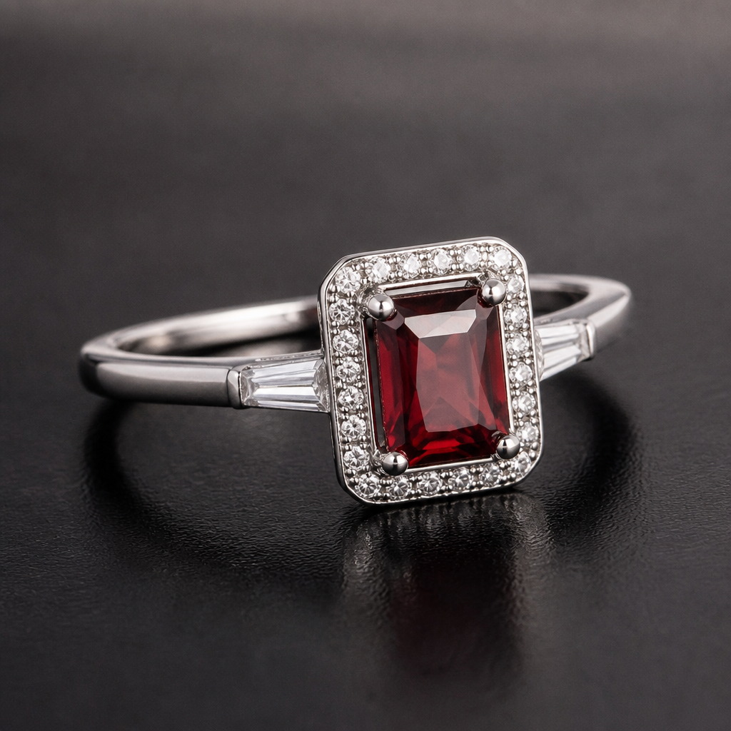 A statement women's ring made of white gold with diamond and garnet stones suitable for party, minimalist, simple and delicate, clean lines
photorealistic jewelry design, A statement women's ring made of white gold with diamond and garnet stones suitable for party, minimalist, simple and delicate, clean lines, statement style, just the design no text