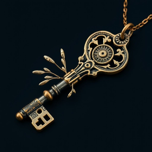 Old skeleton key shape gold and silver tones with olive branch turning on leg and keffieh print on the tip