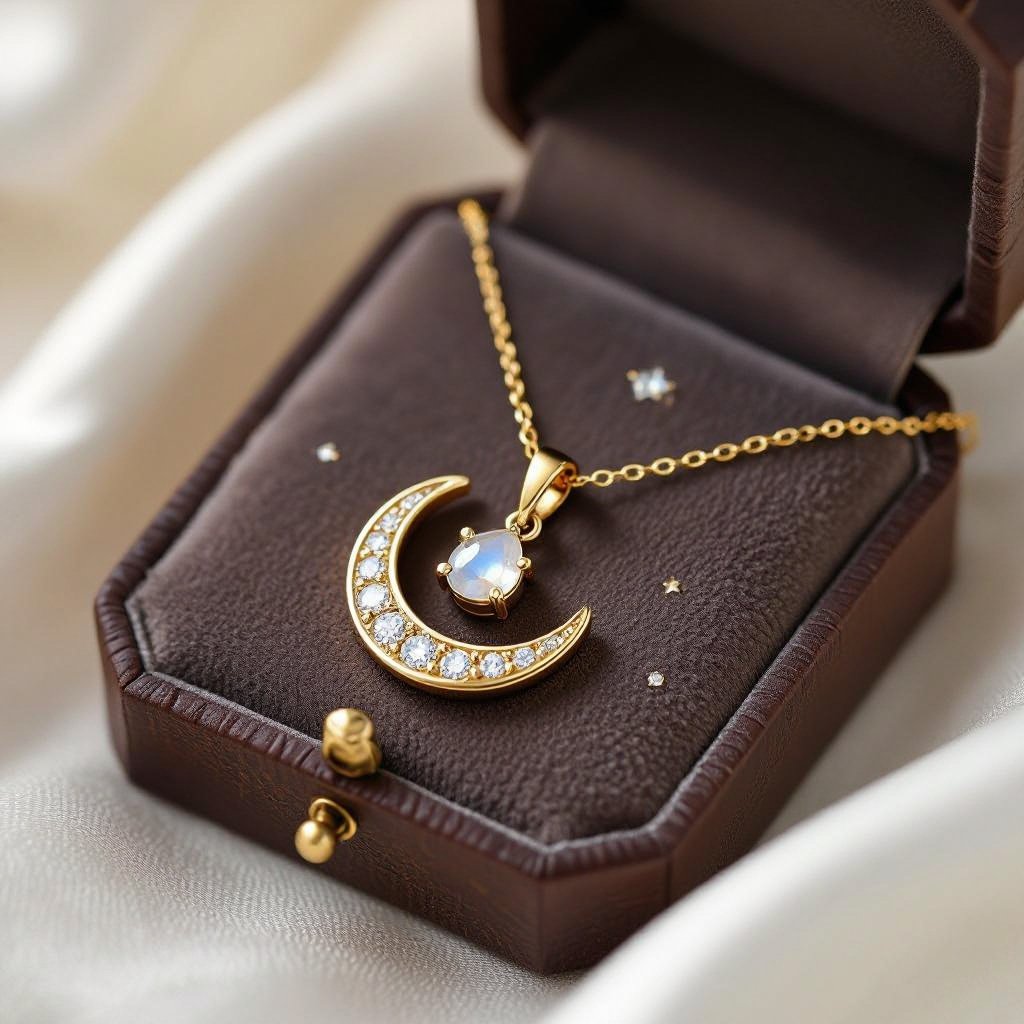 Луна полумесяцем с мелкими камушками и маленький в виде кристала лунный камень подвеска