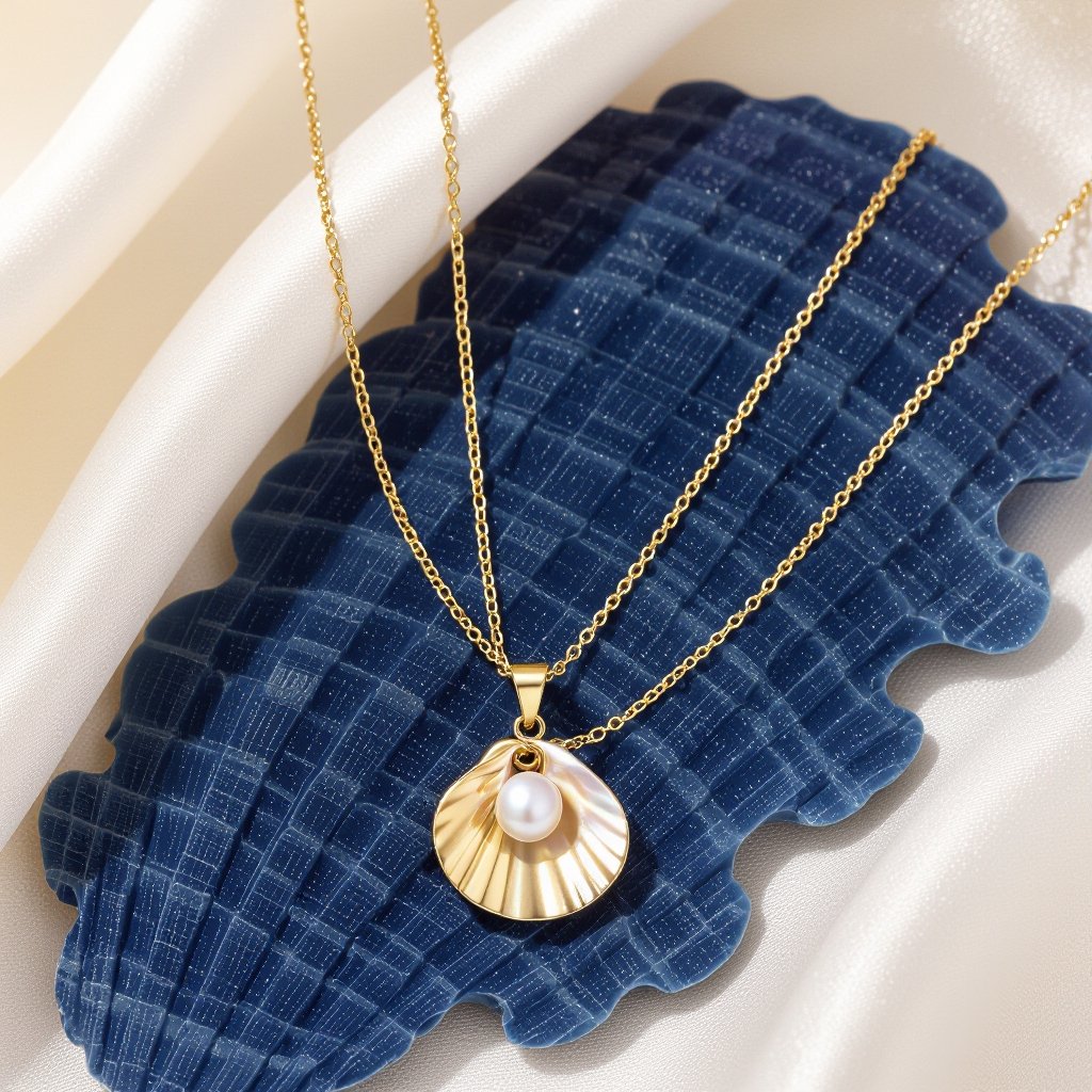 Украшение на шею золотая цепочка с подвеской в виде ракушки с жемчугом внутри