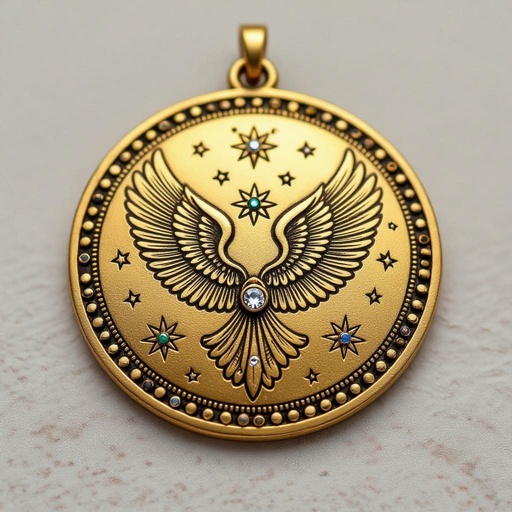 Золотой матовый медальон в форме неровного круга с неровными краями. По краям выпуклые точки сплошной линией. На круге выгравирован ангел без фигуры, видно только крылья и вокруг здездочки и разные узоры и украшен миниатюрными камнями