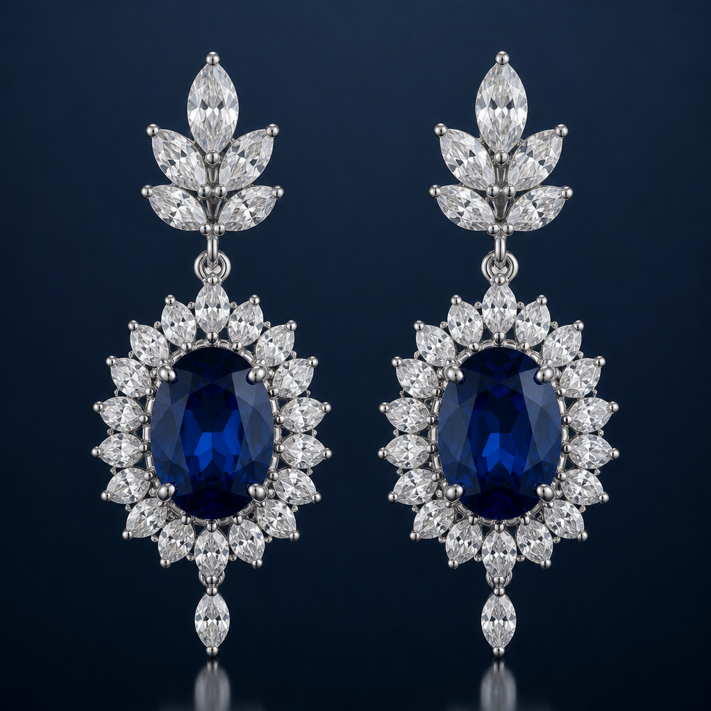 A royal women's earrings made of white gold with sapphire stones, detailed and decorative, moderately ornate. diamond Marquees, gemstone Oval shape blue sappire
photorealistic jewelry design, A royal women's earrings made of white gold with sapphire stones, detailed and decorative, moderately ornate. diamond Marquees, gemstone Oval shape blue sappire, royal style, just the design no text