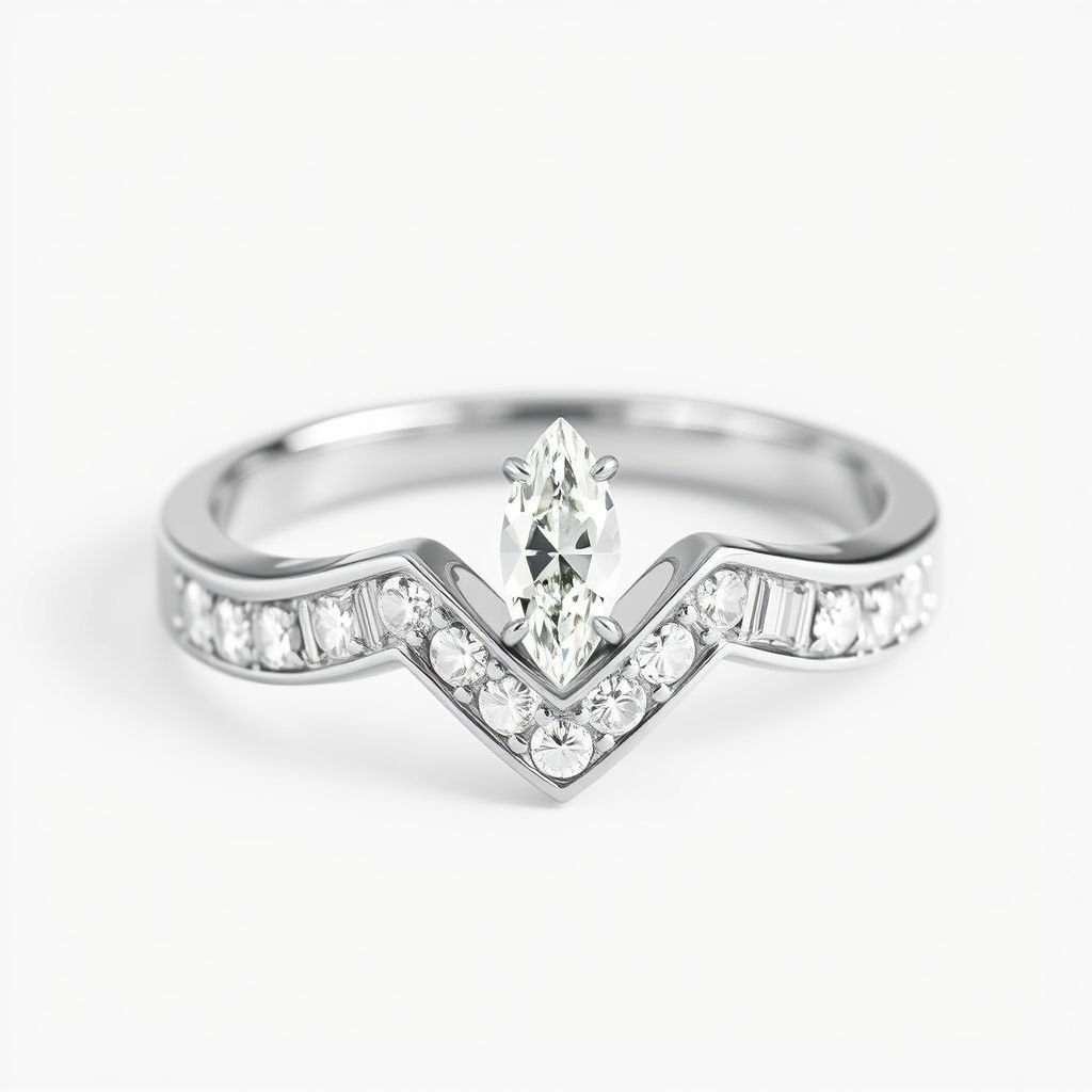 Make a 14K white gold wedding band with (left to right) 0.0025 carat round diamond, 0.005 carat round diamond, 0.0025 stacked on 0.005 carat round diamond, 0.05 carat baguette, 0.025 marquise, 0.05 baguette, 0.0025 carat round stacked on 0.005 carat round, 0.005 carat round, 0.0025 carat round. V shaped contour band with marquise at the focal point