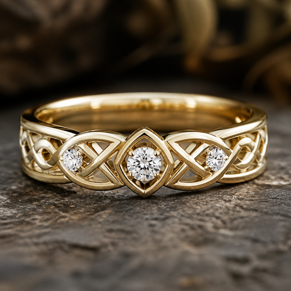 A celtic women's ring made of gold with diamond stones suitable for wedding
photorealistic jewelry design, A celtic women's ring made of gold with diamond stones suitable for wedding, celtic style, just the design no text