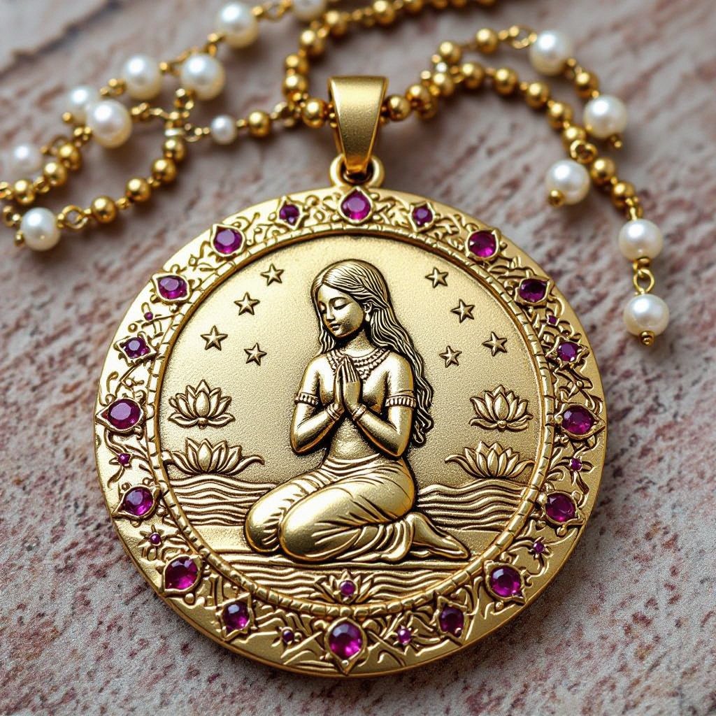 Кулон на длинной цепочке. Матовое светлое золото. В цепочке небольшие золотые шарики и розовые камушки и жемчуга. Кулон в форме неровного мятого круга. На круге изображена девушка с длинными волосами лица не видно в молитве и позе лотоса нечетко. Круг украшен лотосами звездами волнами узорами