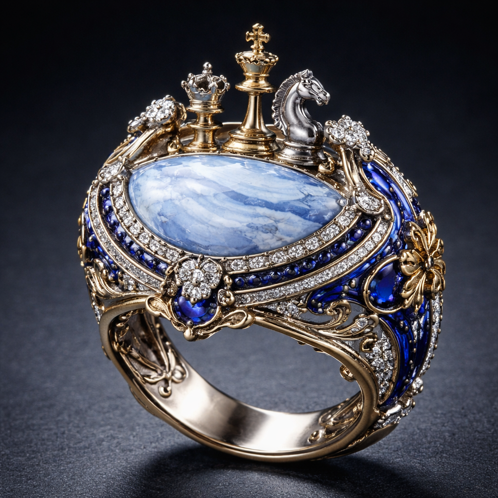 Make a blue lace agate chess themed ring with a royal blue. Give it a chess master look.