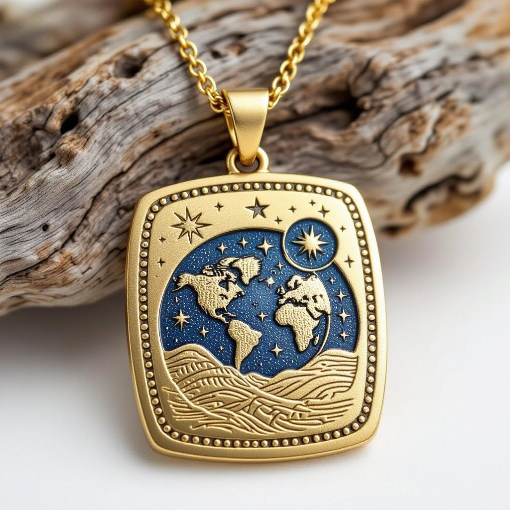 Золотой матовый медальон в форме неровного прямоугольника с округлыми краями. По краям выпуклые точки сплошной линией. На прямоугольнике разные мелкие узоры вырезаны. Символически изображена земля и звезды