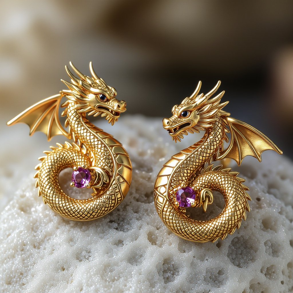 Золотые матовые серьги с изображением дракона узоры и камни мелкие раузтопаз
