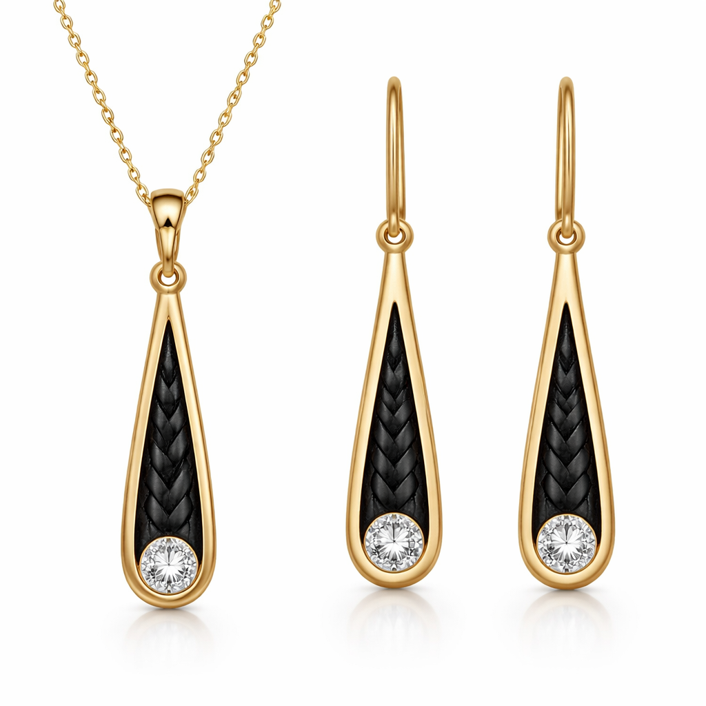 Create pendant and earrings with diamonds, with leather design in gold