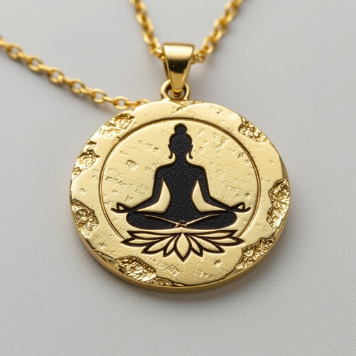 Золотой кулон в виде неровного круга в круге выгравирован силуэт женщины с длинными волосами в позе лотоса лица не видго