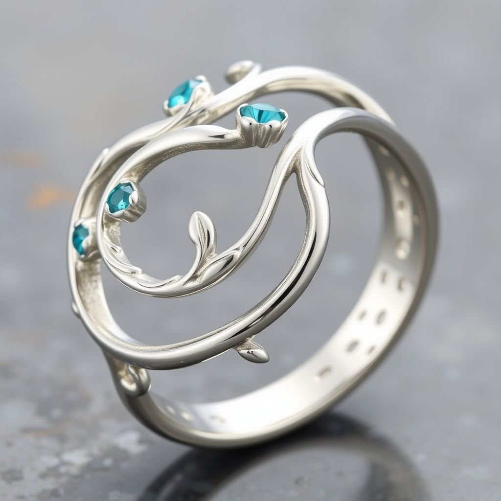 Siver ring with shape and curves
Envision an elegant silver ring that intertwines with organic shapes and flowing curves, reminiscent of gentle ocean waves. The band features delicate engravings of intertwining vines, adorned with subtle gemstone accents in aquamarine and teal. This piece captures the essence of nature, embodying both fluidity and harmony in wearable art.