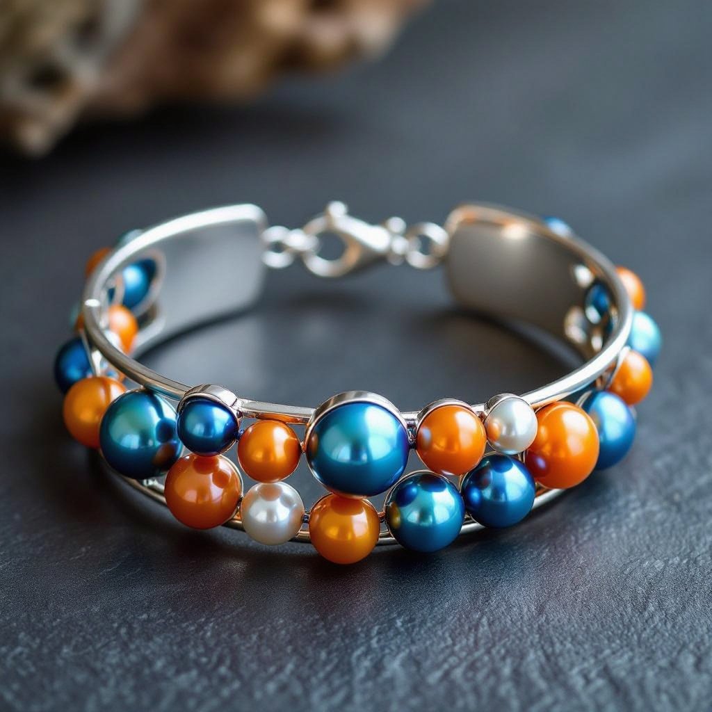 Blue and orange pearls bracelet