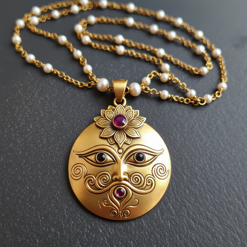 Кулон на длинной цепочке. Матовое светлое золото. В цепочке небольшие золотые шарики и жемчуг. Кулон в виде двух глаз над ними лотос с маленьким красным камнем внутри узоры завитушки 