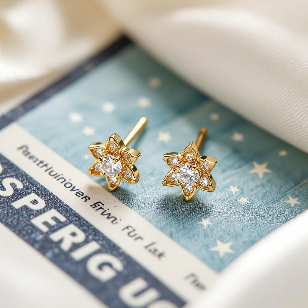 Пусеты винтовой замок маленький лотос плоский с маленьким фианитом по центру