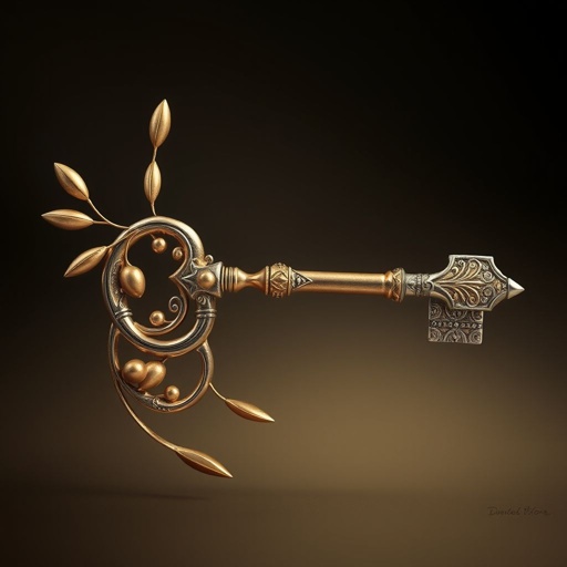 Old skeleton key shape gold and silver tones with olive branch turning on leg and keffieh print on the tip