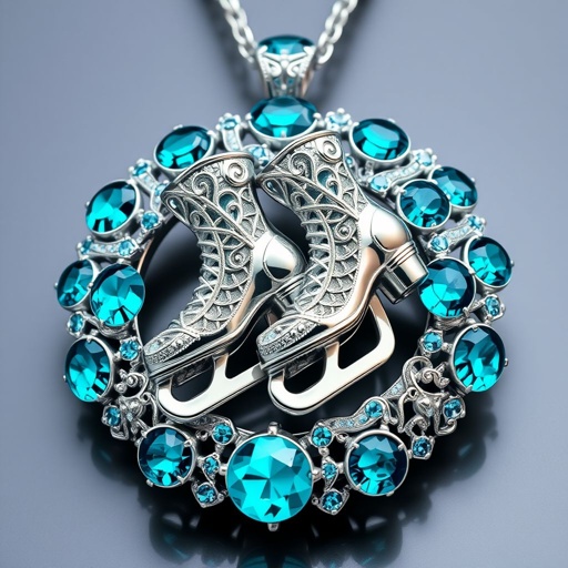 Pendant silver with stylized ice figure skating skates. Remove boots and leave only lowest part of skates. Add turquoise