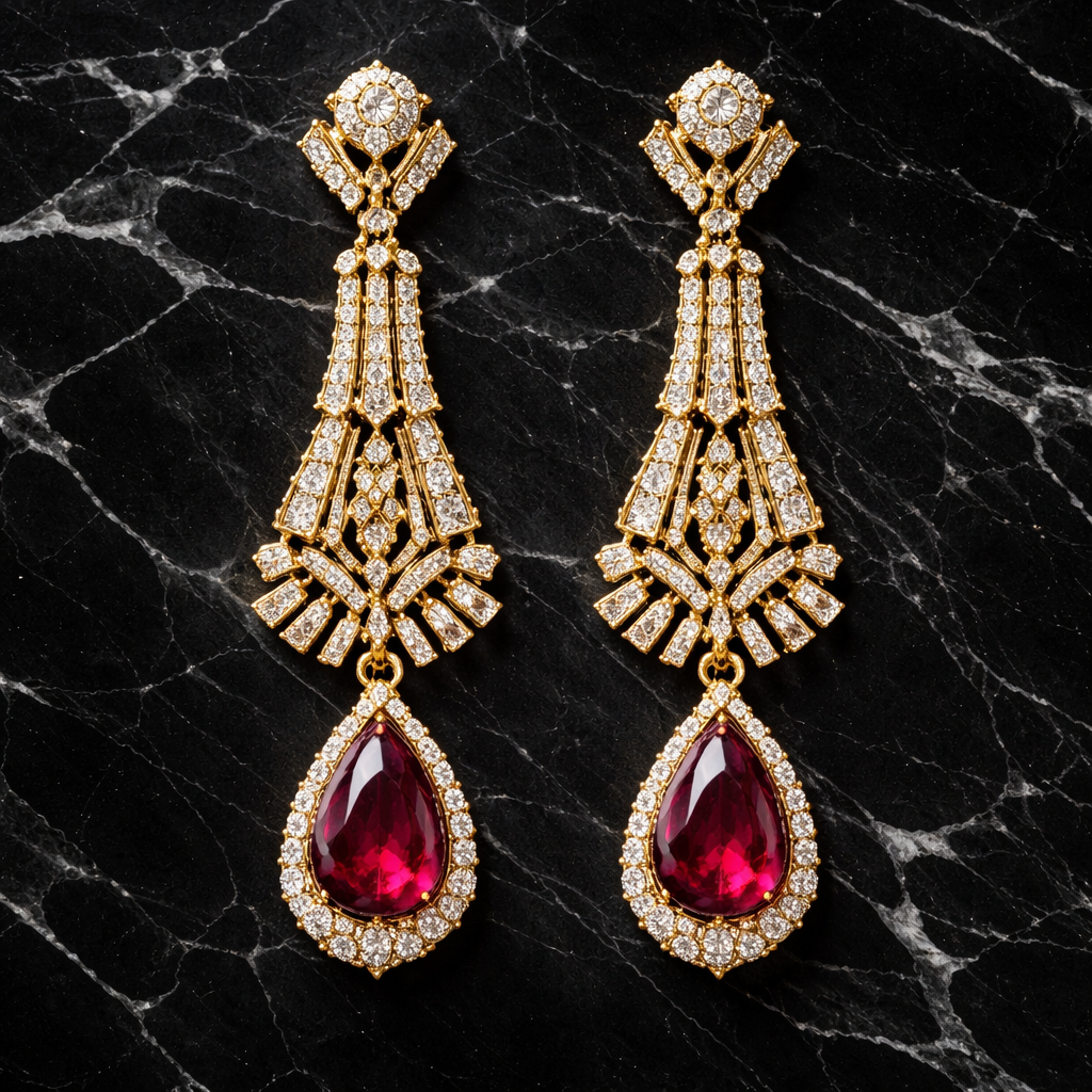 A pair of gold art deco chandelier earrings with ruby teardrop gemstones and diamond accents, laid flat on polished black marble, shot from directly above.