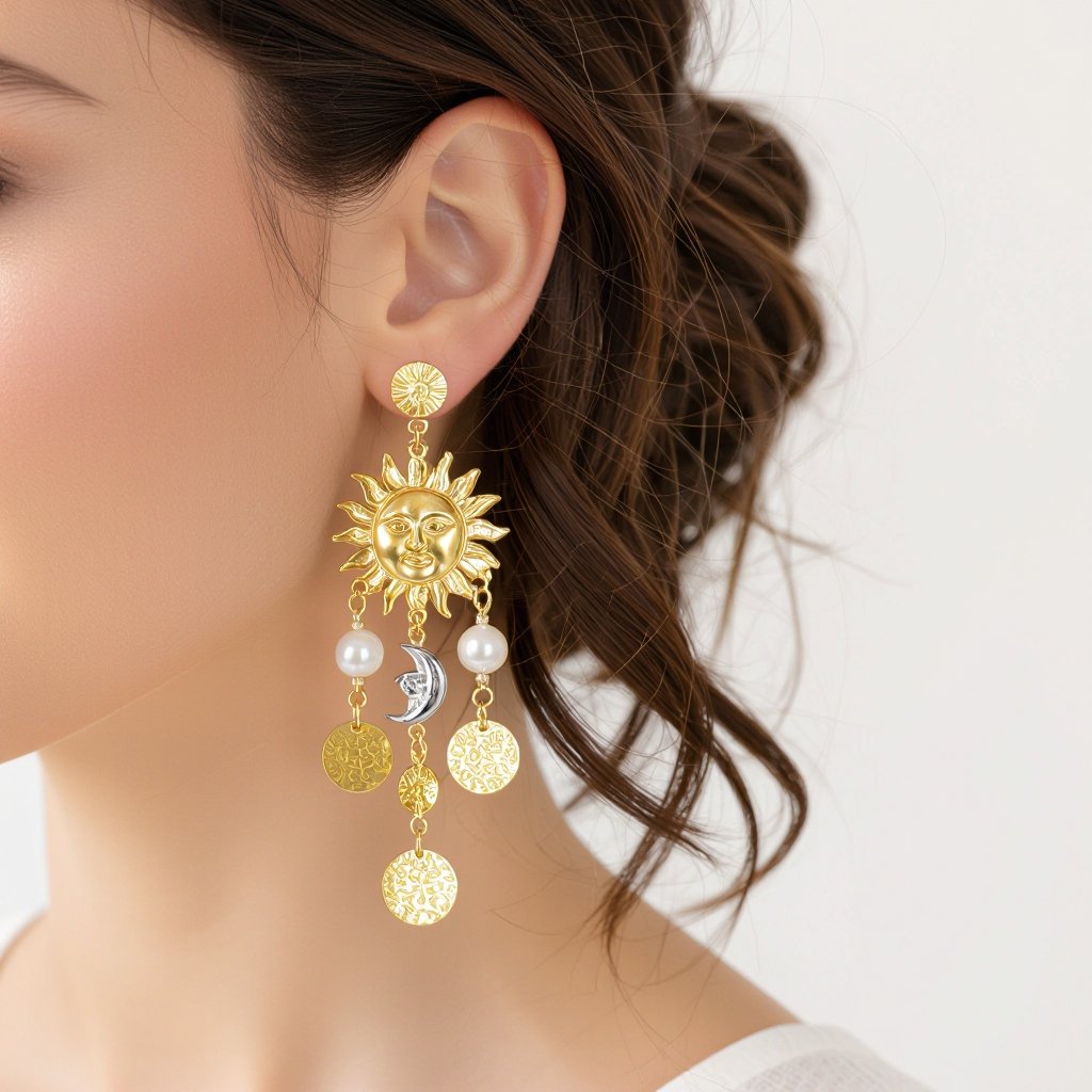 Золотые серьги словно мятое золото в форме солнца с волнистыми лучами крепится к застежке серьги. К нижней части солнца крепятся подвески: миниатюрная серебристая луна, очень маленький жемчуг и маленький золотой кружочек с мятым эффектом плоский