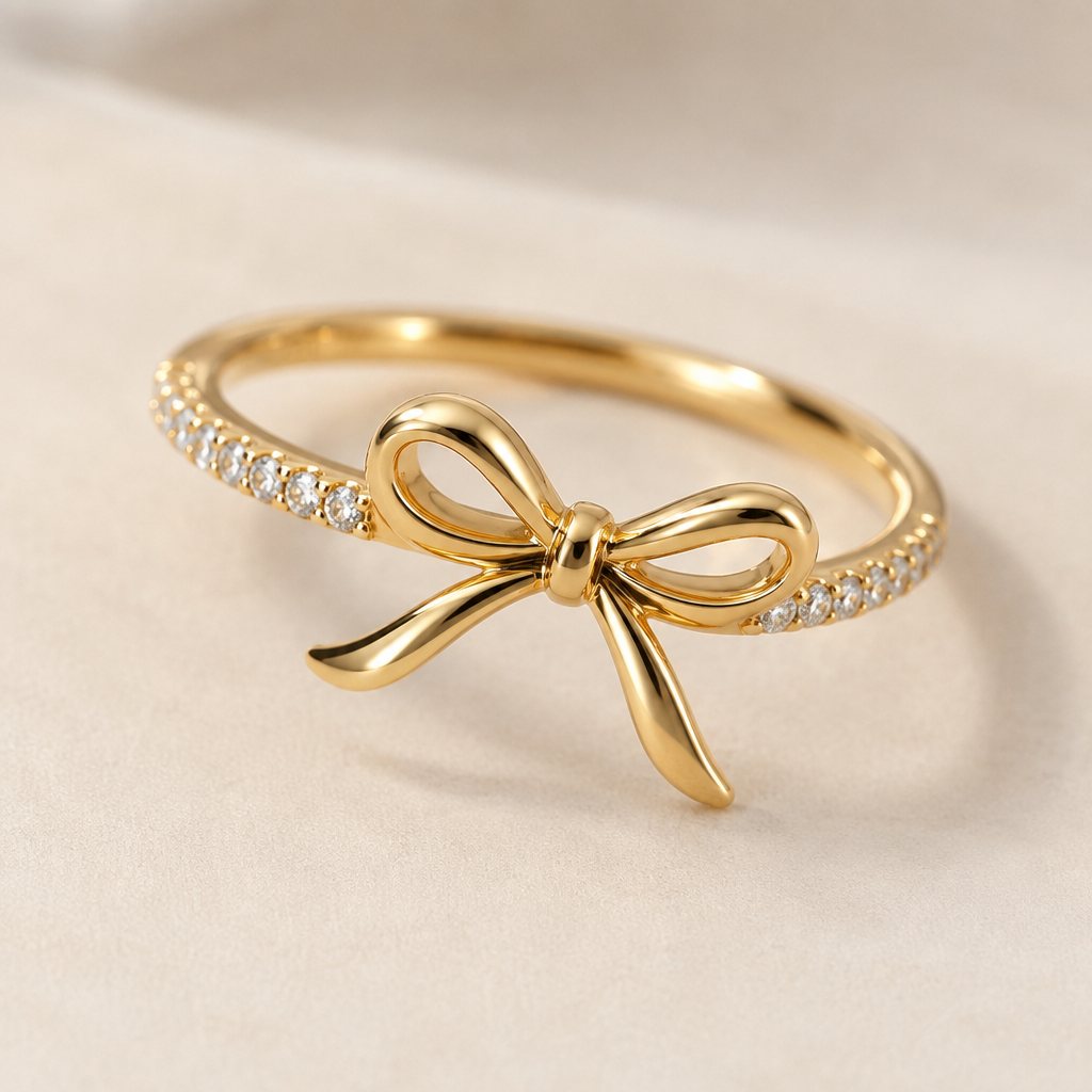 A minimalist women's ring made of gold with diamond stones suitable for gift, highly ornate, intricate and elaborate, richly detailed. ring with the aesthetic ribbon design and the ribbon is tilting to right a bit. the ring goes around the ribbon NOT under the ribbon. the ribbon is tied like a single knot and the ribbon has two same size loops. the ribbon is round not flat and the tail of the ribbon is a little bit bendy. the gemstone is place around the ring but not fully and at the ribbon doesn't have a gemstone . gemstone is in small size
photorealistic jewelry design, A minimalist women's ring made of gold with diamond stones suitable for gift, highly ornate, intricate and elaborate, richly detailed. ring with the aesthetic ribbon design and the ribbon is tilting to right a bit. the ring goes around the ribbon NOT under the ribbon. the ribbon is tied like a single knot and the ribbon has two same size loops. the ribbon is round not flat and the tail of the ribbon is a little bit bendy. the gemstone is place around the ring but not fully and at the ribbon doesn't have a gemstone . gemstone is in small size, minimalist style, just the design no text