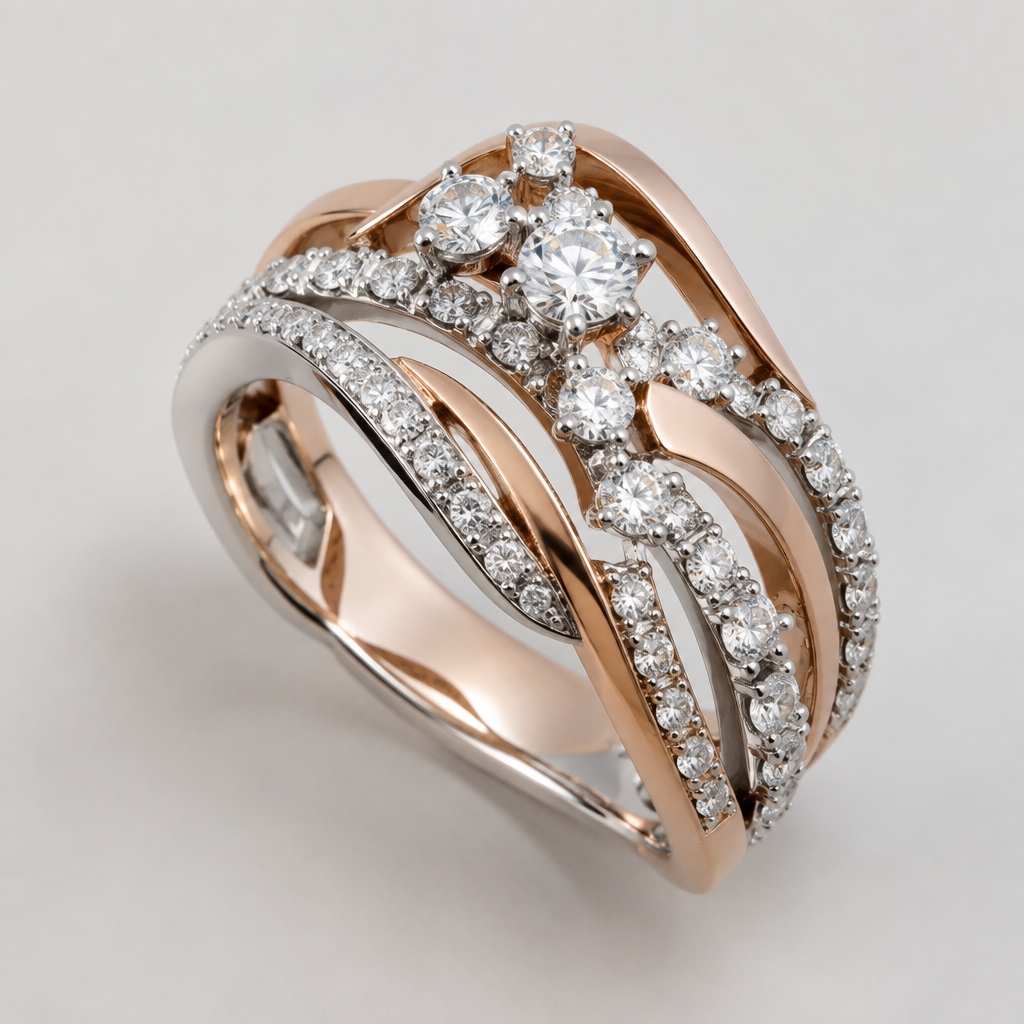 A contemporary women's ring made of mixed metal with diamond stones. 34 diamonds ranging in size, but no larger than .25 of a carat
photorealistic jewelry design, A contemporary women's ring made of mixed metal with diamond stones. 34 diamonds ranging in size, but no larger than .25 of a carat, contemporary style, just the design no text