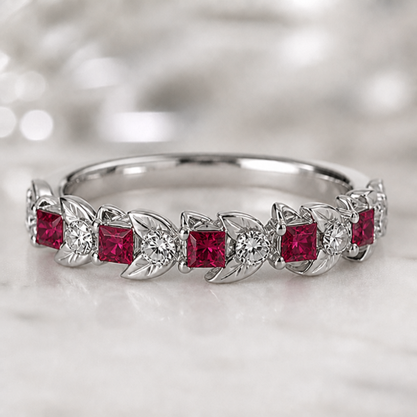 change ruby cut to princess
edit the attached jewelry design with these instructions: change ruby cut to princess. keep it photorealistic, just the design no text