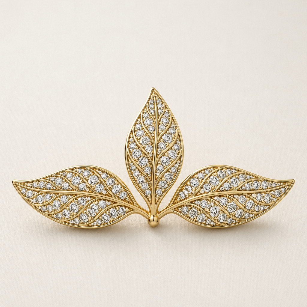 . Refinement: side leaves join together and middle leaf alone
photorealistic jewelry design, . Refinement: side leaves join together and middle leaf alone, Nature style, just the design no text