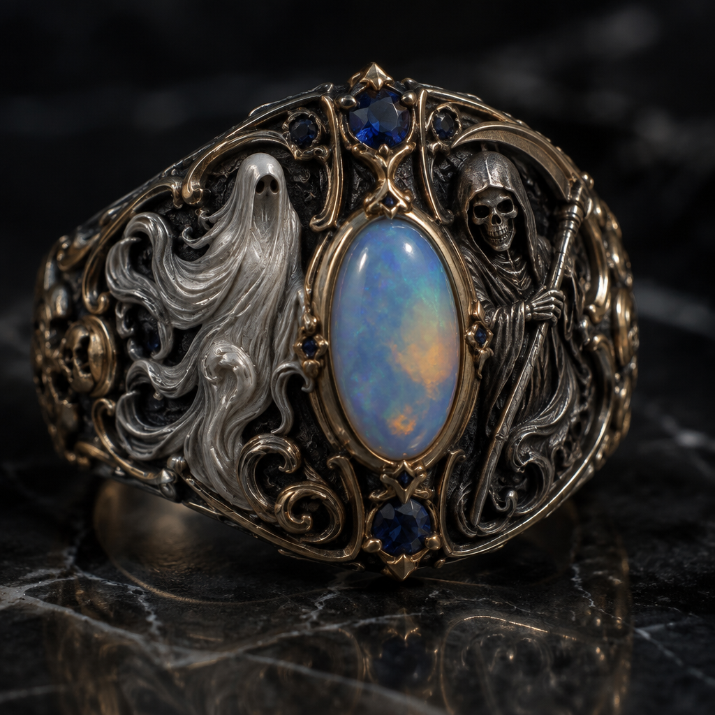 A victorian men's ring made of mixed metal with sapphire and opal stones suitable for formal. a ghost and a reaper
photorealistic jewelry design, A victorian men's ring made of mixed metal with sapphire and opal stones suitable for formal. a ghost and a reaper, victorian style, just the design no text