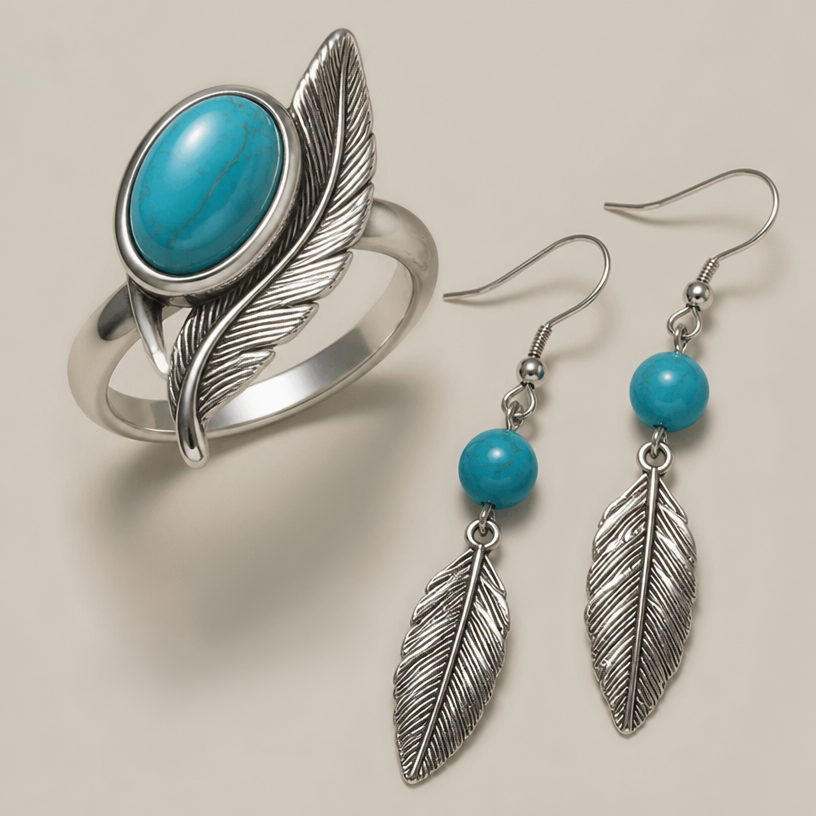 A contemporary women's ring made of silver with turquoise stones. turquoise feather earrings
using the attached image as a visual reference, create A contemporary women's ring made of silver with turquoise stones. turquoise feather earrings. photorealistic, just the design no text