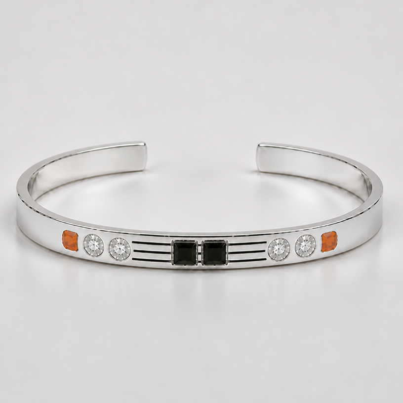 A women's bracelet made of silver. make the gap between the orange stone and clear stone smaller
using the attached image as a visual reference, create A women's bracelet made of silver. make the gap between the orange stone and clear stone smaller. photorealistic, just the design no text