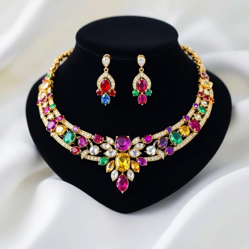 Necklace and ring and earring with luxury colorful jewel with gold
