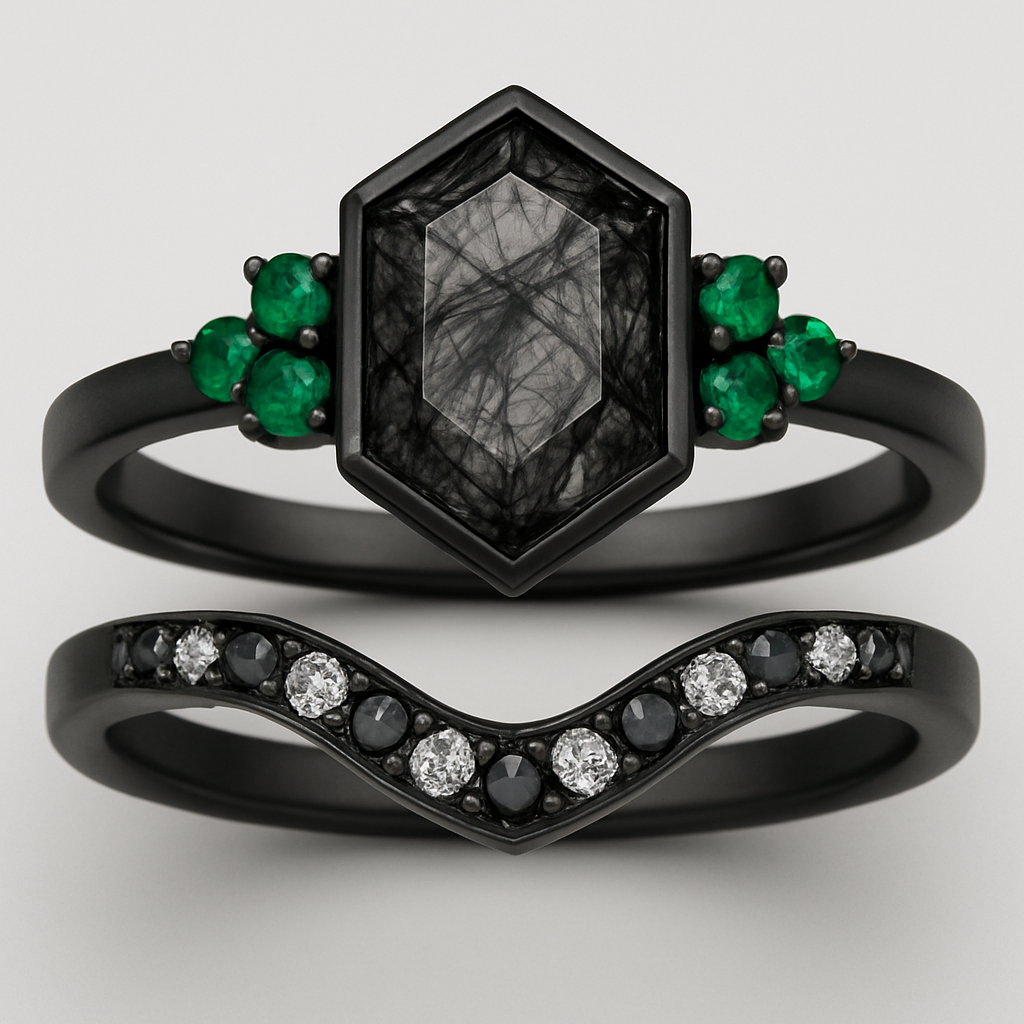 Black band, medium long hexagon cut rutilated black quartz, emerald accent stones 3 on each side in a cluster, add a wedding band that curves with black and white stones