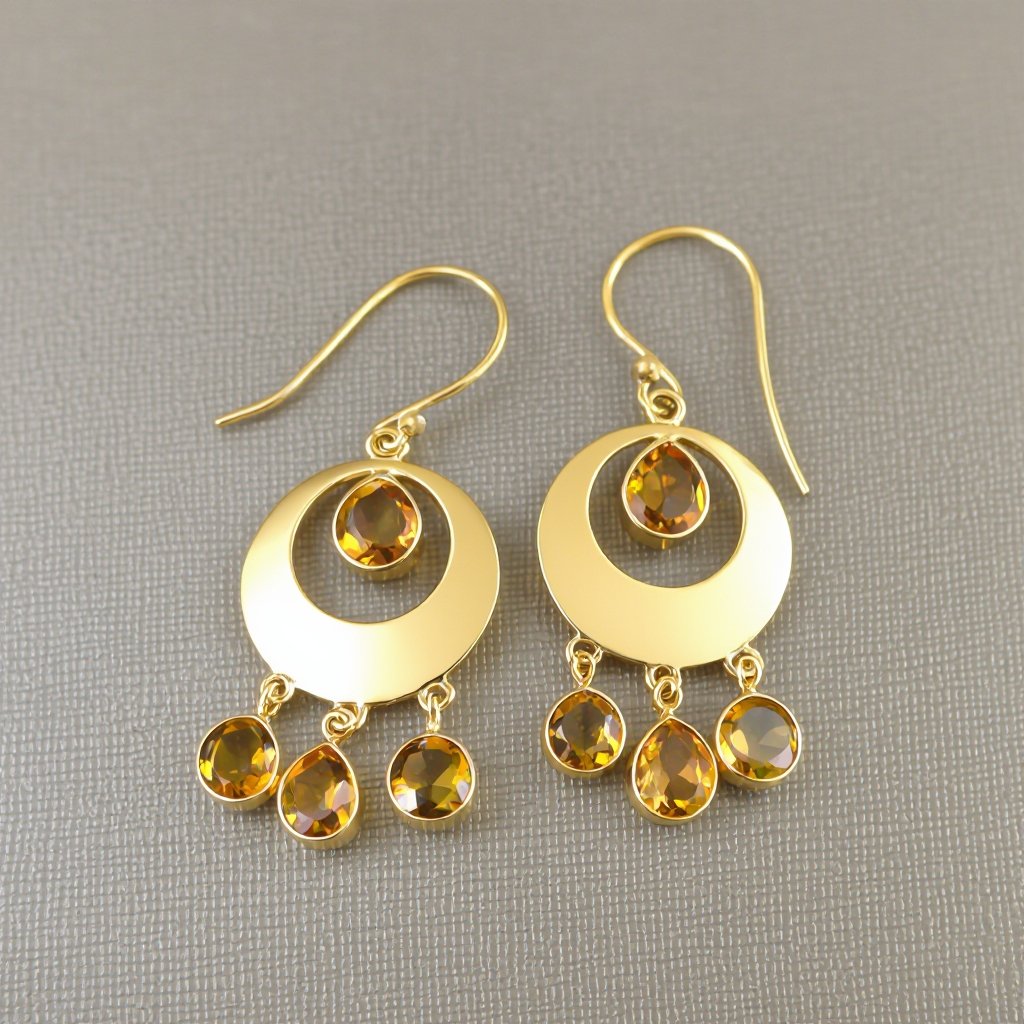 Золотые серьги полумесяц вертикальный 2 см, сверху крепится к швензе. От полумесяца идет три цепочки золотого цвета, у каждой на конце камушек цитрит