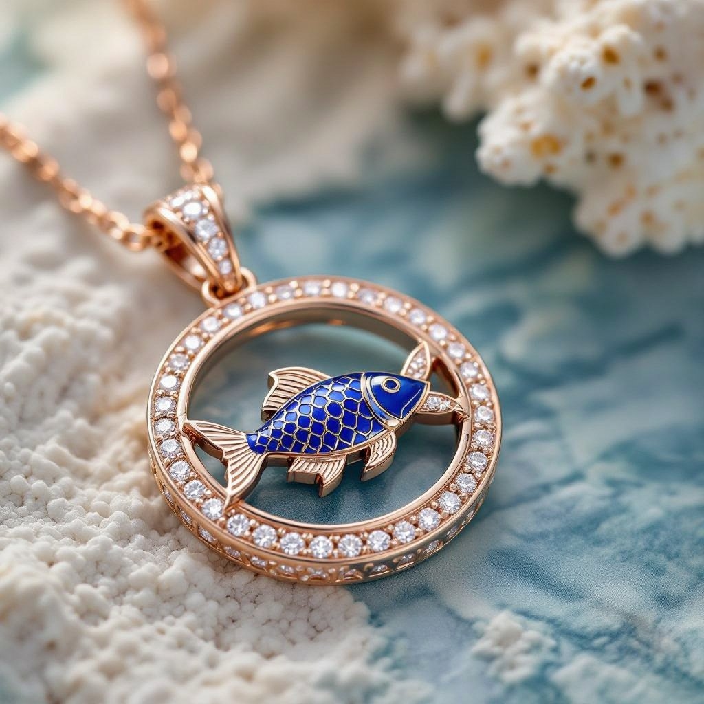 Pendant of different colors Geomatric edge of diamonds shaded of fish element in water background and vibes Rose gold , geometric diamonds, bezel set. Fish motif, blue enamel. Rose gold , geometric diamonds, bezel set. Fish motif, blue enamel.