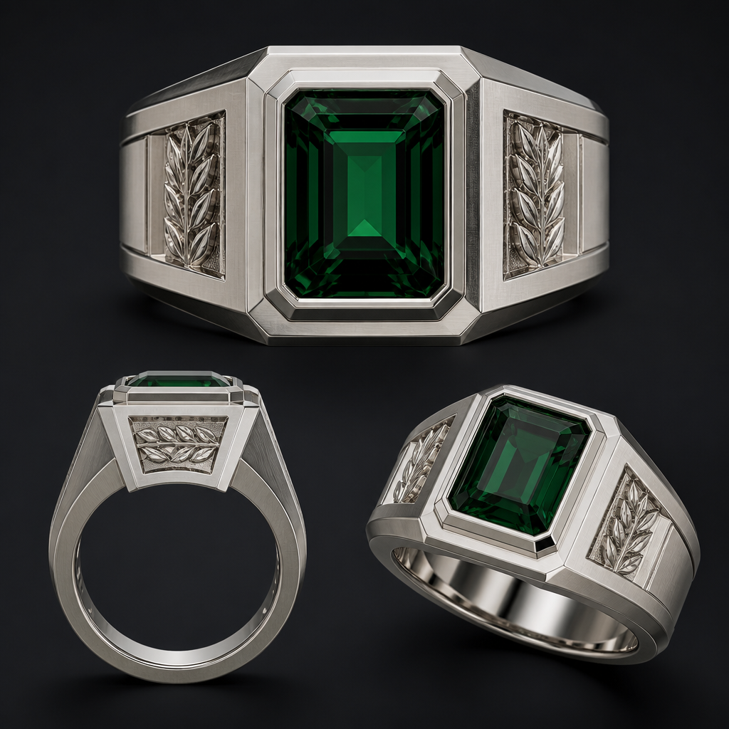 A women's ring. Ultra-detailed men's signet ring, modern geometric architecture, square emerald-cut deep green gemstone bezel set, brushed white gold/platinum finish, sharp angular shoulders, symmetrical wheat leaf engraving on both sides of the shank, recessed ornamental panels, luxury fine jewelry design, masculine proportions, clean chamfered edges, satin and polished metal contrast, premium gemstone reflections, professional jewelry CAD render, photorealistic, studio lighting, dark gradient background, macro photography, high detail, 8K resolution, gemstone perfectly centered, realistic metal texture, jewelry catalog presentation, front view, side view, perspective view composition, luxury craftsmanship, Rhino 3D jewelry design style, Gemvision Matrix style render.
photorealistic jewelry design, A women's ring. Ultra-detailed men's signet ring, modern geometric architecture, square emerald-cut deep green gemstone bezel set, brushed white gold/platinum finish, sharp angular shoulders, symmetrical wheat leaf engraving on both sides of the shank, recessed ornamental panels, luxury fine jewelry design, masculine proportions, clean chamfered edges, satin and polished metal contrast, premium gemstone reflections, professional jewelry CAD render, photorealistic, studio lighting, dark gradient background, macro photography, high detail, 8K resolution, gemstone perfectly centered, realistic metal texture, jewelry catalog presentation, front view, side view, perspective view composition, luxury craftsmanship, Rhino 3D jewelry design style, Gemvision Matrix style render., modern style, just the design no text